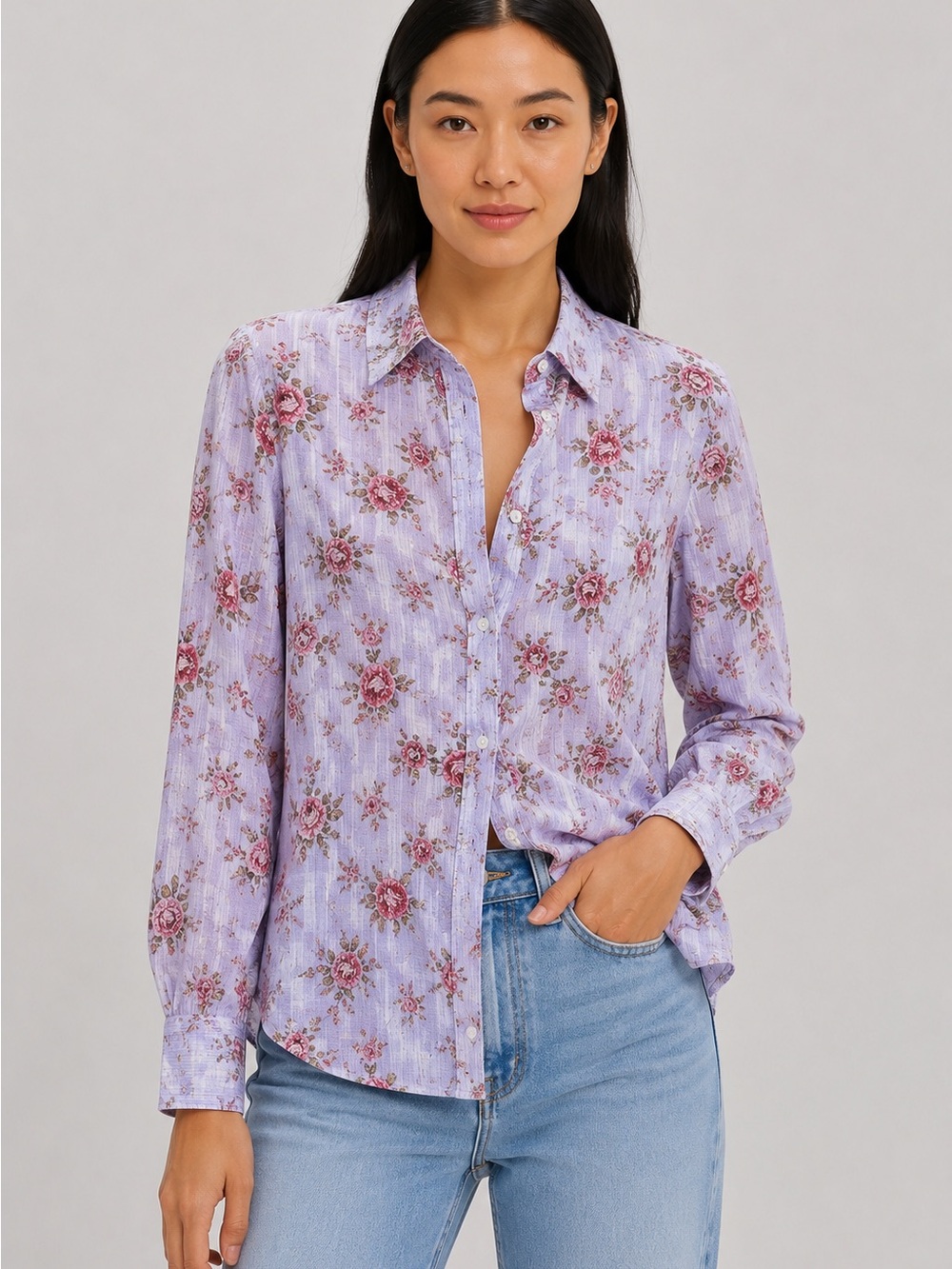 Zara Floral Textured Button Front Blouse Lavender Roses XS / Fits lLike Small